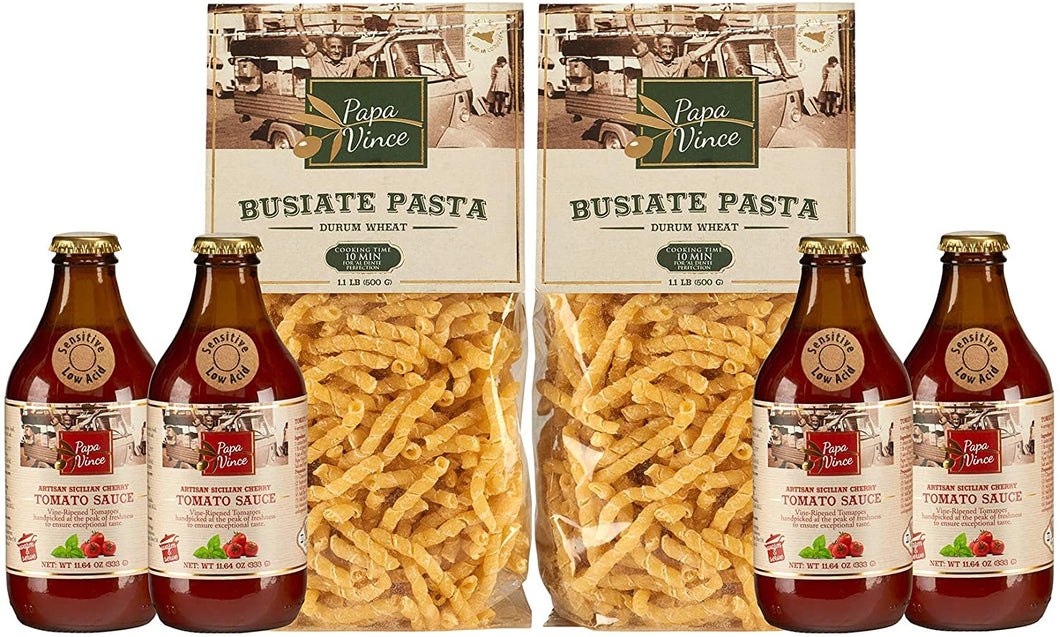 Pasta Lover Gift Pack -  2 x 500gr whole grain Durum Busiate and 4x333ml Cherry Tomato Sauce